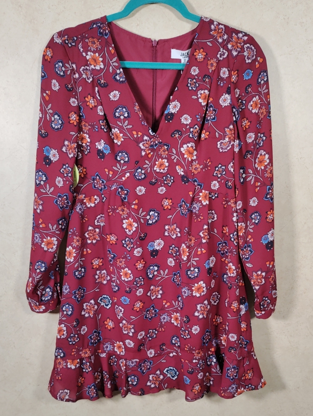 J099 Jack by BB Dakota Burgundy Floral Long Sleeve V-Neck Dress 2 NWT